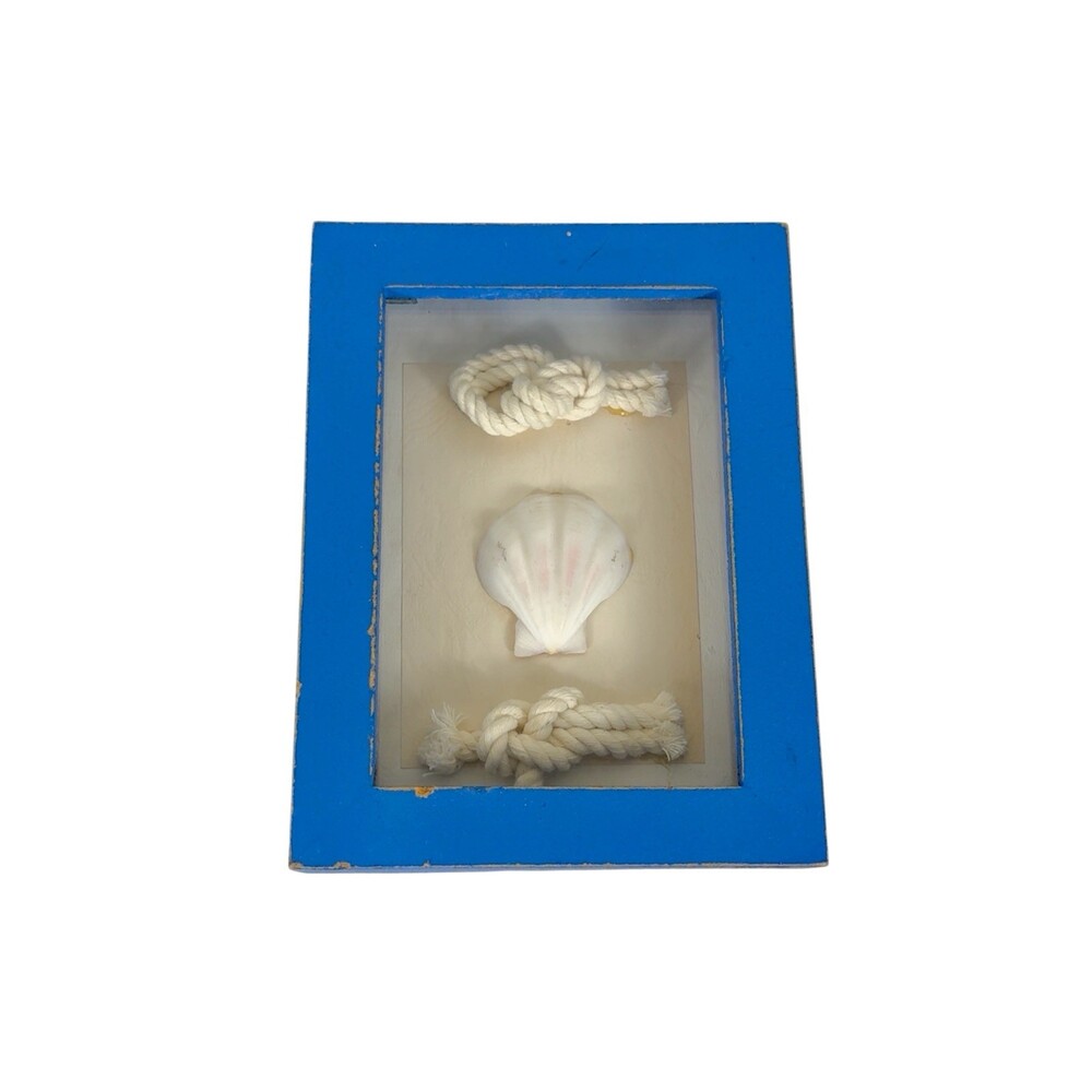 Vintage Nautical Shadow Box Seashell Sailor Knot Rope Coastal Wall Decor Blue